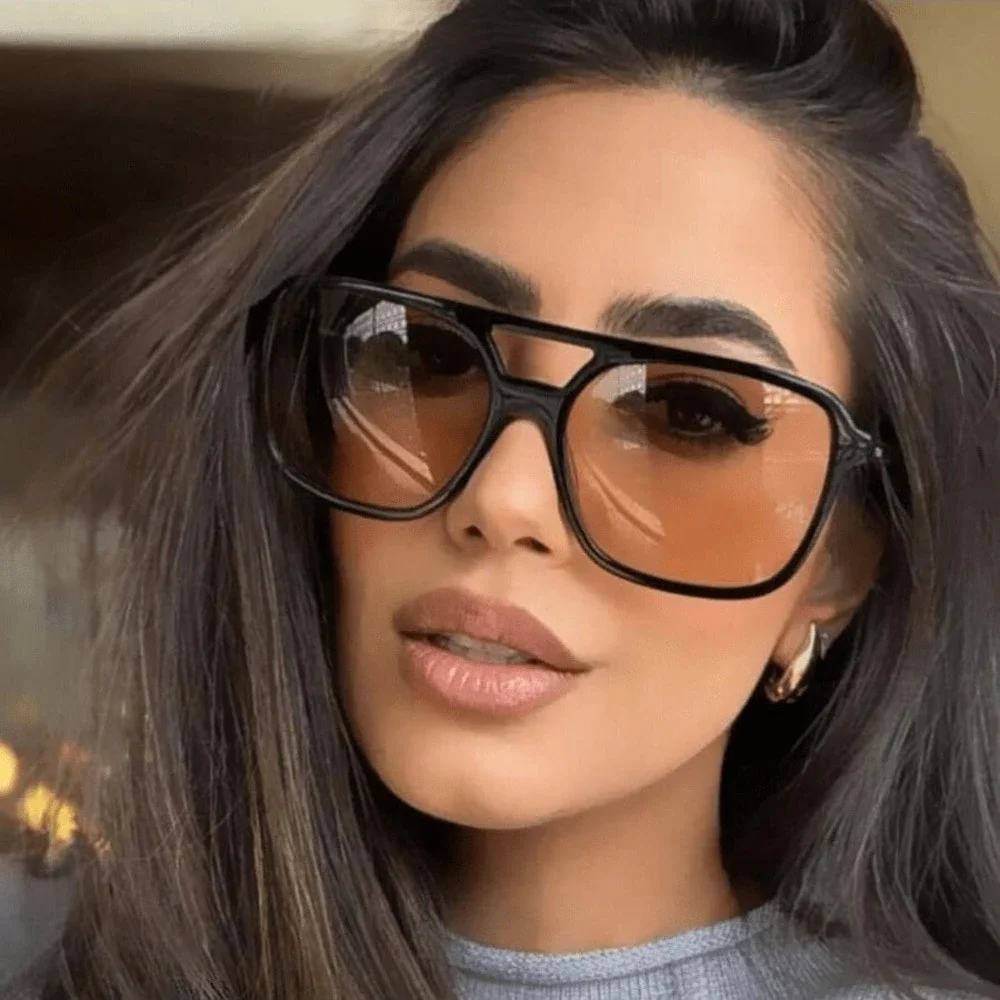 New Brown Tinted Square Aviator Sunglasses Black Frame Retro Y2K Shades